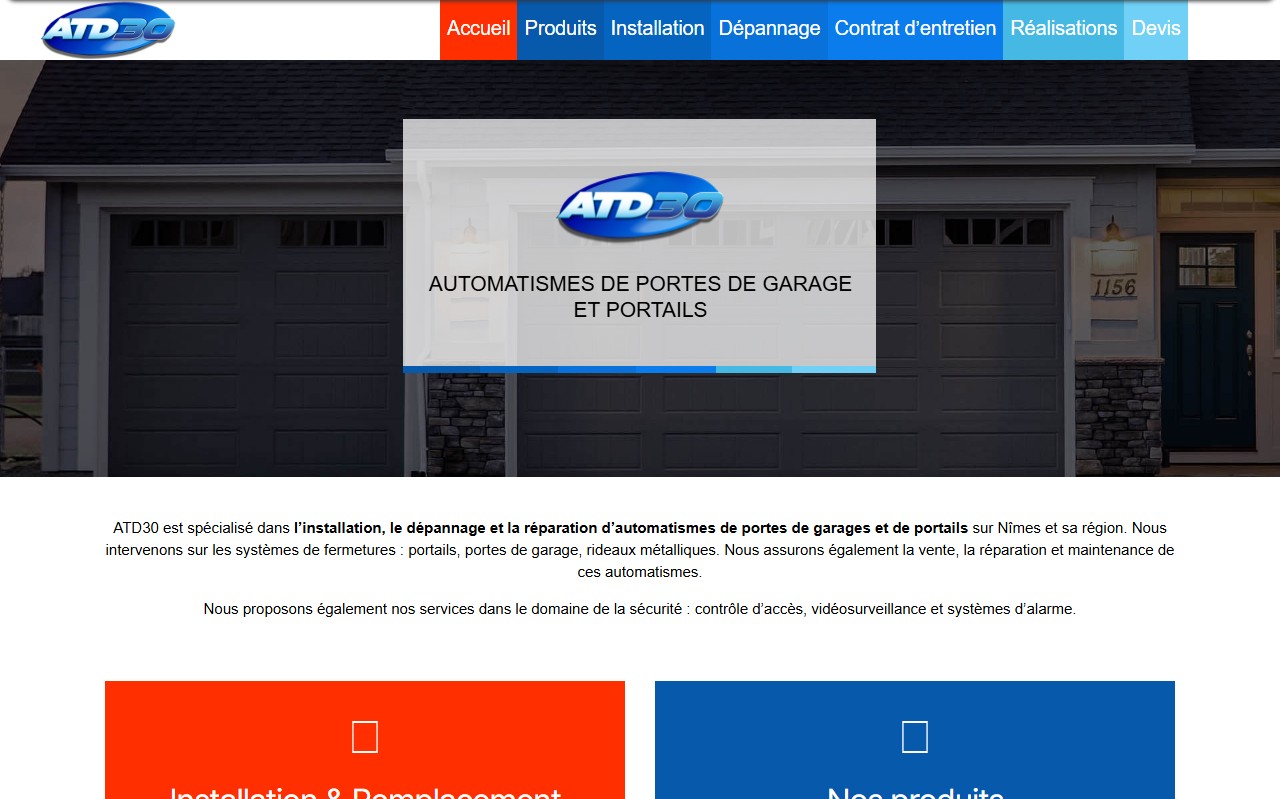 Ancien site d'ATD30 en mars 2025 : menu en aplats bleus, photo de portes de garage et titre Automatismes de portes de garage et portails