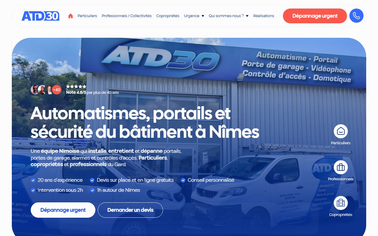 Site actuel d'ATD30 : photo de l'agence de Nîmes et titre Automatismes, portails et sécurité du bâtiment à Nîmes