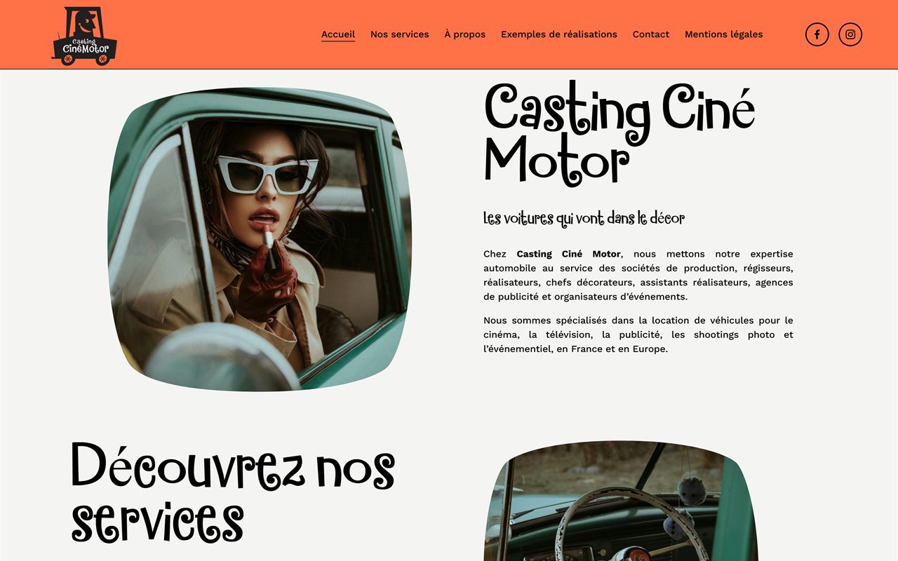 Ancien site de Casting Ciné Motor en février 2026 : bandeau orange, photo d'une femme au volant d'une voiture ancienne et titre Casting Ciné Motor