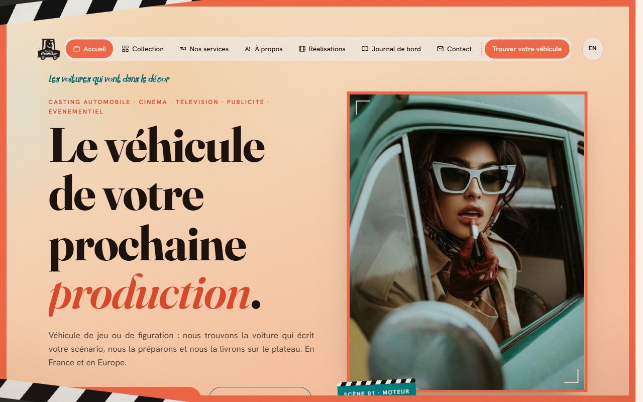 Site actuel de Casting Ciné Motor : titre Le véhicule de votre prochaine production et bouton Trouver votre véhicule