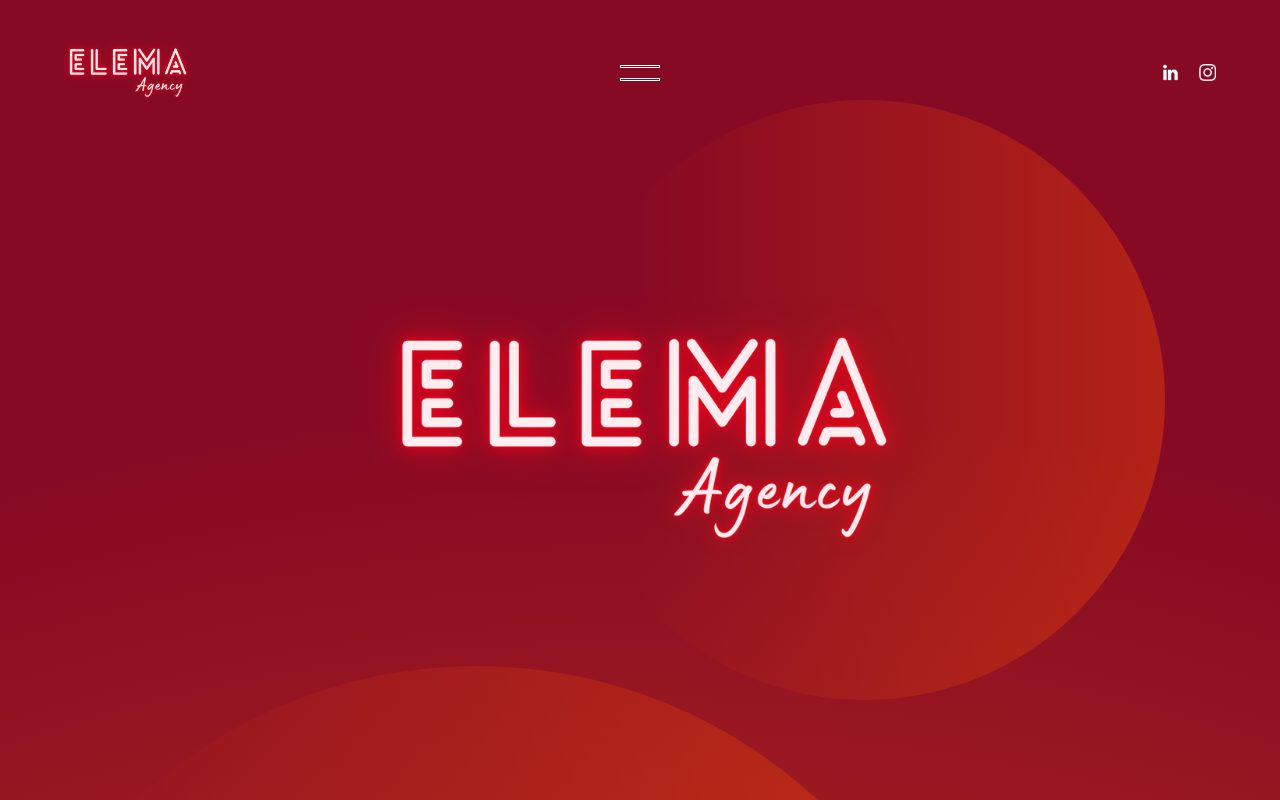 Ancien site d'Elema Agency en avril 2025 : fond rouge et logo Elema Agency en néon