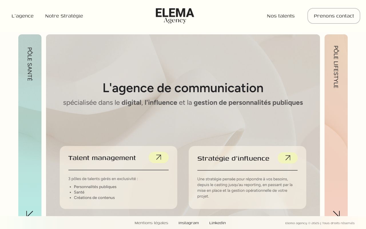 Site actuel d'Elema Agency : fond crème, titre L'agence de communication, pôles Santé et Lifestyle