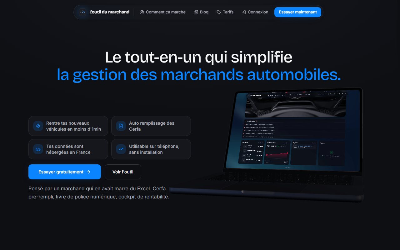 Page d'accueil de L'Outil du Marchand, application de gestion pour les marchands de véhicules d'occasion