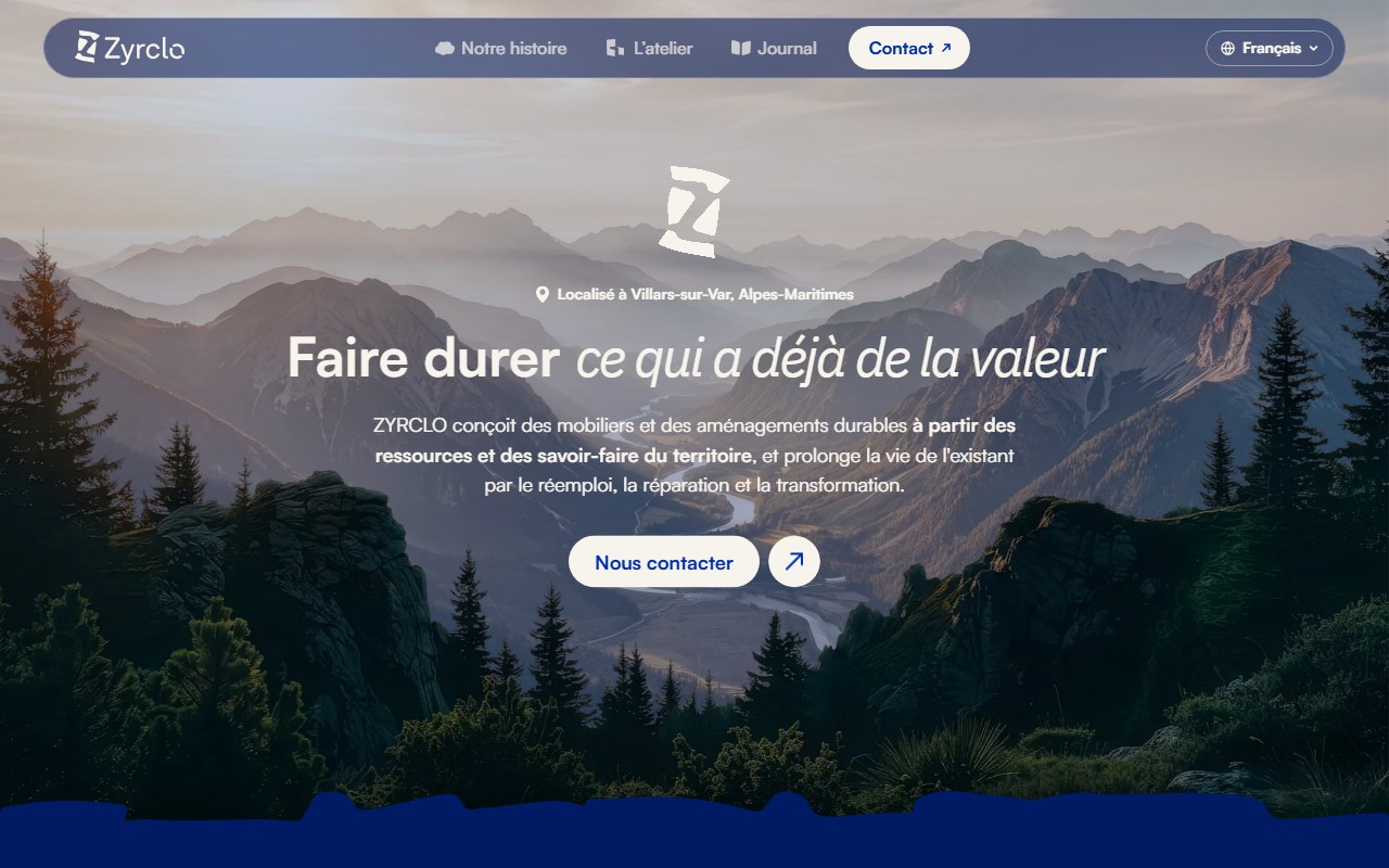 Page d'accueil du site Zyrclo : vallée de montagne au lever du jour et titre Faire durer ce qui a déjà de la valeur
